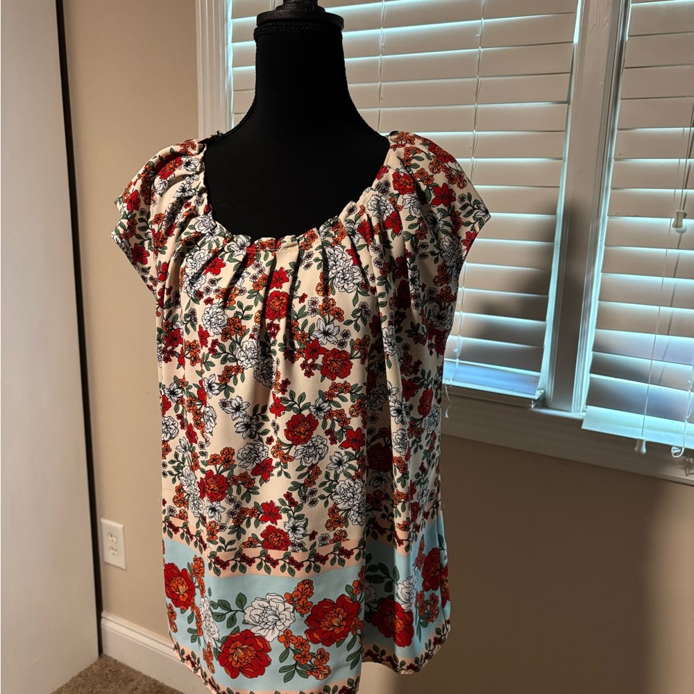 LC Lauren Conrad Floral Blouse with Red and Blue Accents